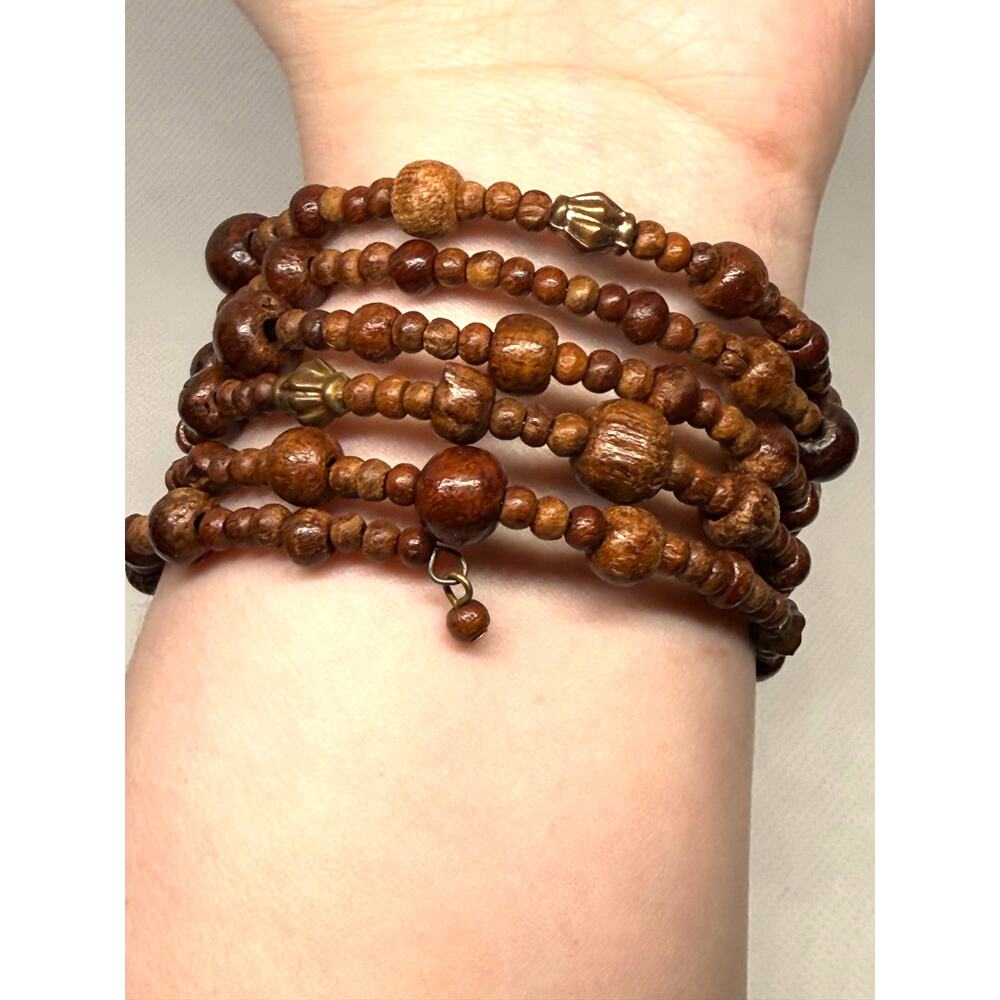 Wood Bead Multi-Wrap Bracelet Brass Tone Accents Boho Rustic